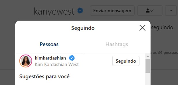 Kanye West segue só uma pessoa em seu Instagram: a ex-mulher, Kim Kardashian (Foto: Reprodução/Instagram)