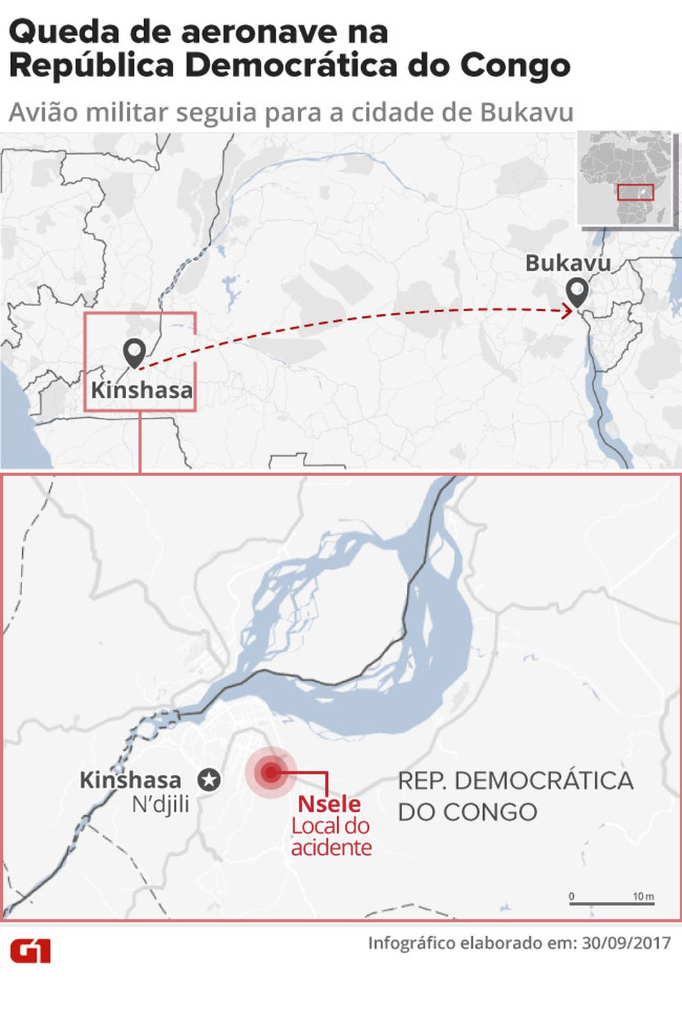 Mapa mostra local de decolagem e de queda da aeronave militar na República Democrática do Congo (Foto: Editoria de Arte/G1)