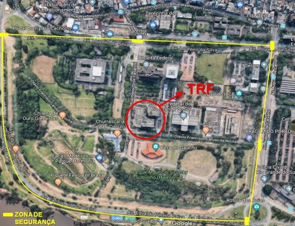 Esquema de segurança para o julgamento de Lula: a parte em amarelo mostra o isolamento. O círculo vermelho na imagem mostra o TRF-4 e o entorno (Foto: Reprodução)