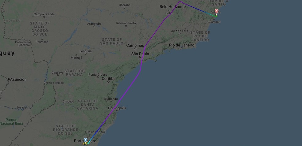 Voo saiu de Porto Alegre com destino a Recife e teve que parar em Vitória — Foto: Reprodução/Flightradar24