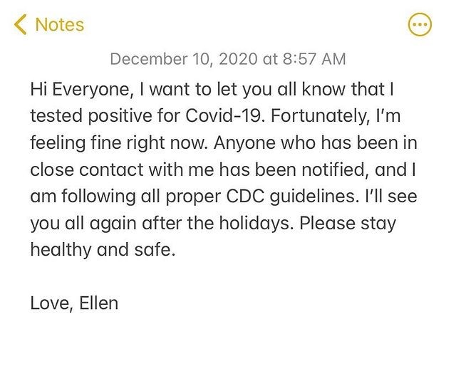 Ellen Degeneres revela estar com coronavírus (Foto: Reprodução/Instagram)