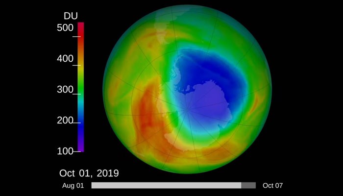 Buraco na camada de ozônio em 1º de outubro de 2019 (Foto: NASA/Reprodução YouTube)