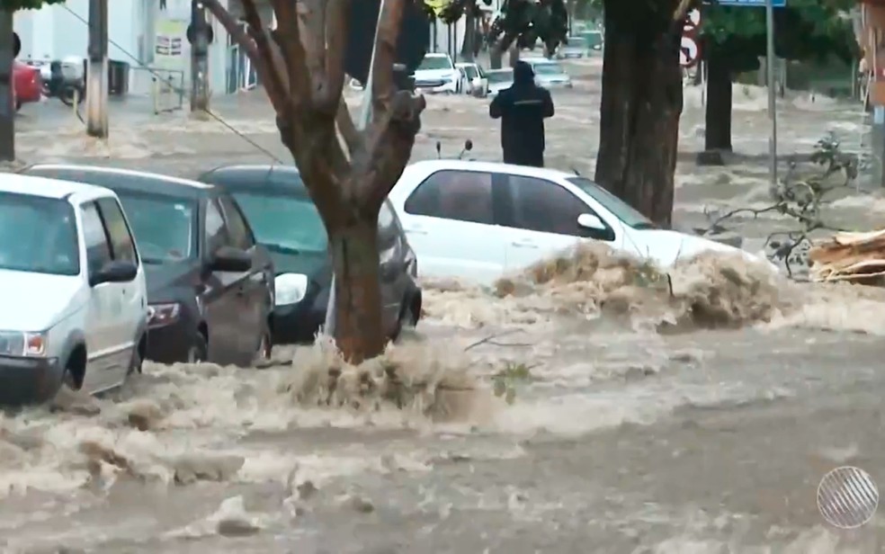 Chuva alagou ruas e derrubou árvores em Vitória da Conquista (Foto: Reprodução/TV Sudoeste)