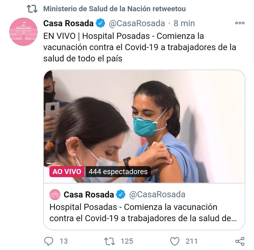A Argentina começou, nesta terça-feira (29), a vacinar a população contra a Covid-19. Os primeiros na fila serão profissionais de saúde. — Foto: Reprodução/Twitter