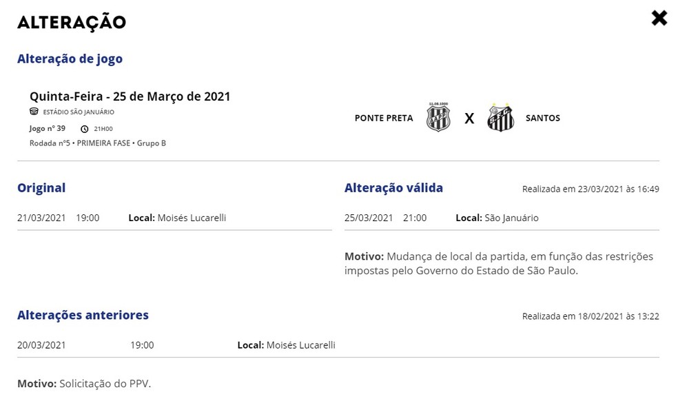 Atualiza&ccedil;&atilde;o da tabela do jogo Ponte x Santos no site da FPF &mdash; Foto: Reprodu&ccedil;&atilde;o do site FPF