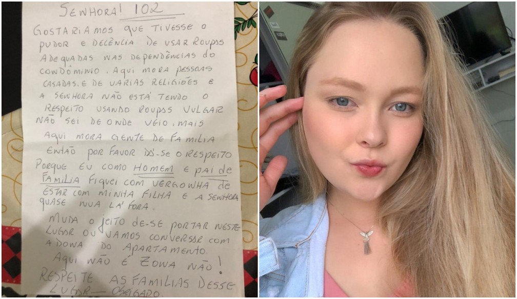 Jovem recebe carta de vizinho reclamando das roupas usadas por ela em condomínio do Paraná — Foto: Arquivo pessoal/Ana Paula Benatti