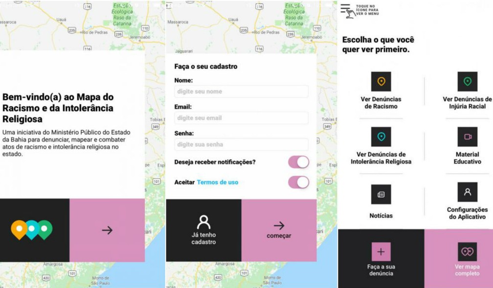 Cadastro para aplicativo Mapa do Racismo é simples, rápido e denúncias podem ser feitas anonimamente — Foto: Reprodução