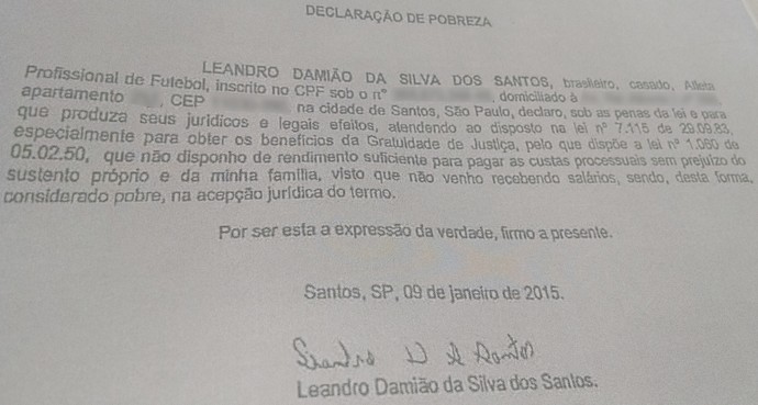 Declaração de pobreza do Leandro Damião (Foto: Reprodução)