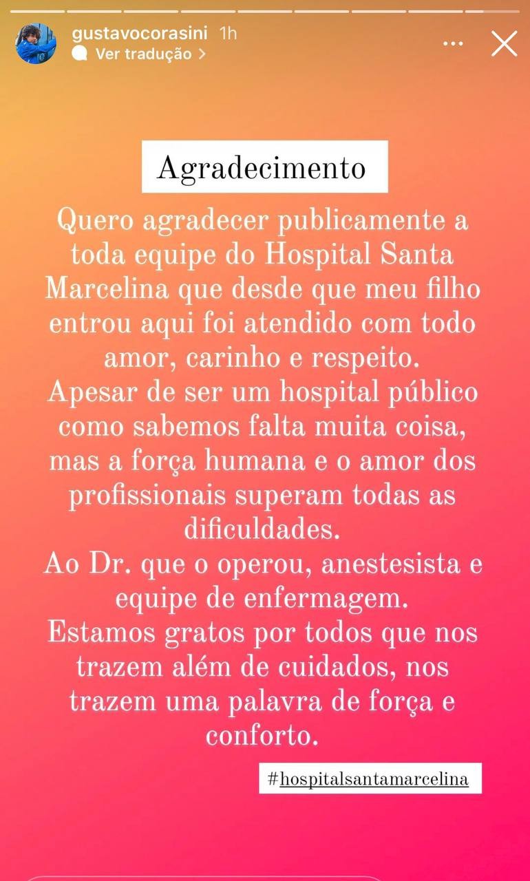 Após cirurgia, família de Gustavo Corasini atualiza estado de saúde do ator (Foto: Reprodução / Instagram)