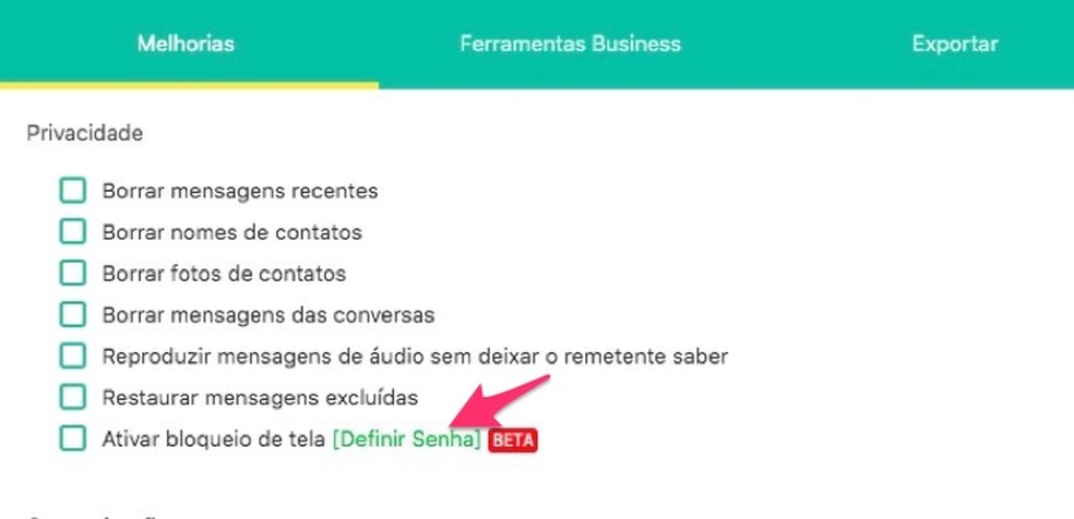 Ação para definir uma senha de bloqueio para o WhatsApp na extensão WA Web Plus — Foto: Reprodução/Marvin Costa