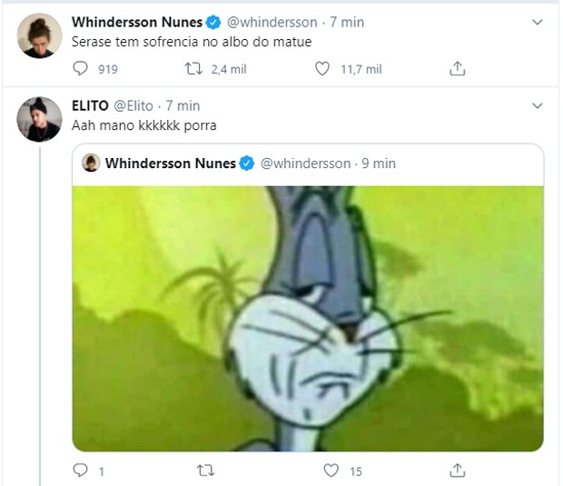 Os tuítes de Whindersson Nunes após Luísa Sonza e Vtião assumirem o namoro (Foto: Reprodução Twitter)