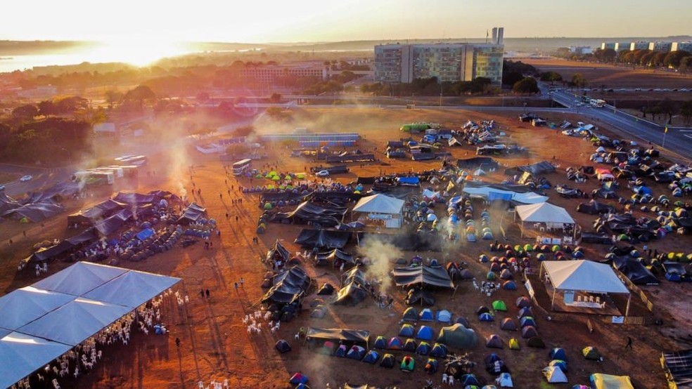 Acampamento Pela Vida reúne indígenas em Brasília contra marco temporal e em defesa da democracia — Foto: Kamikia Kisedje/Acampamento Pela Vida