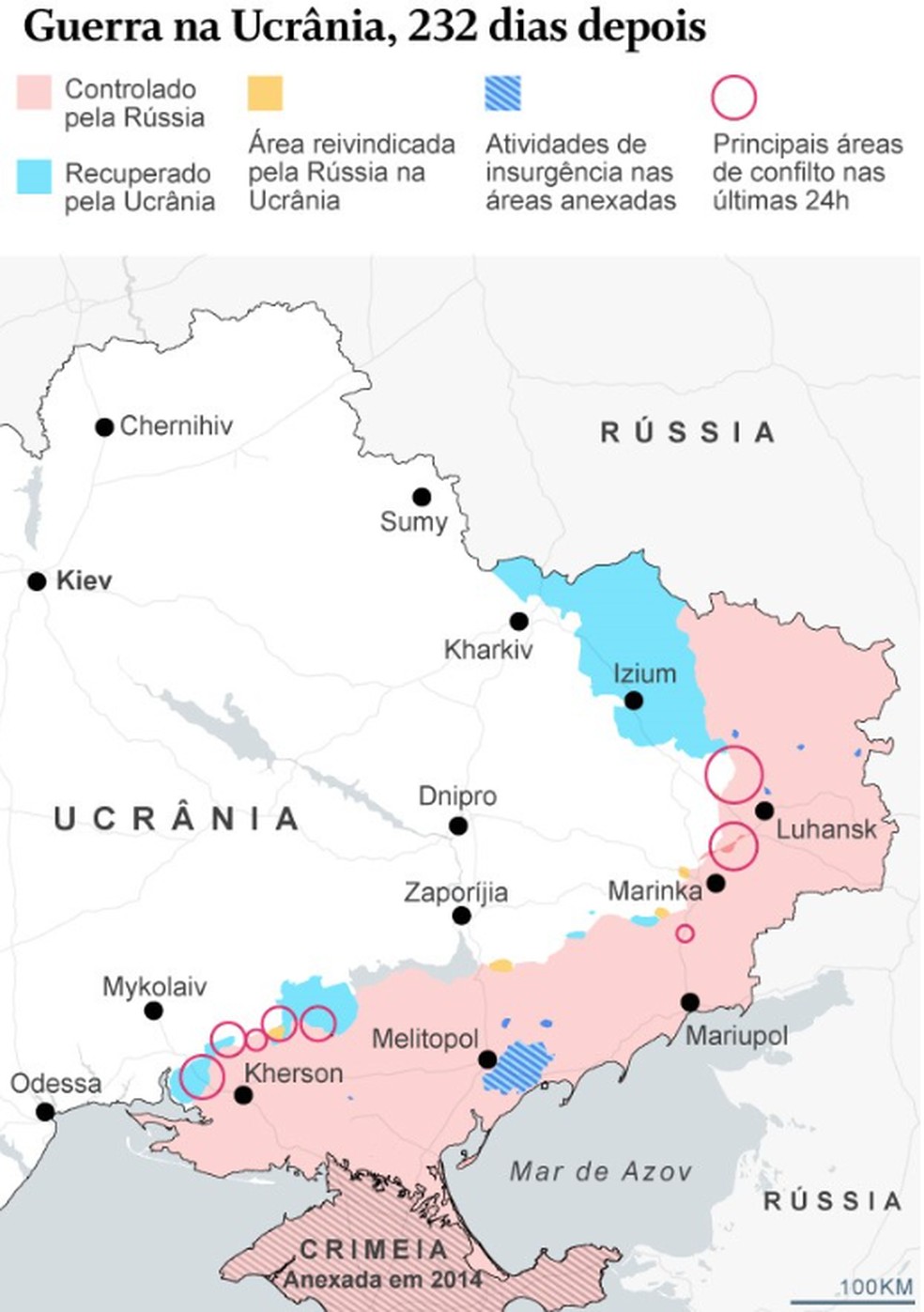 Mapa da situação militar na Ucrânia — Foto: Editoria de Arte