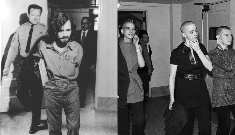 À esquerda, Charles Manson sendo preso em 1969, à direita, Leslie van Houten, Susan Denise Atkins e Patricia Krenwinkel, participantes da seita, voltando para suas celas após sentença de morte, em 1971