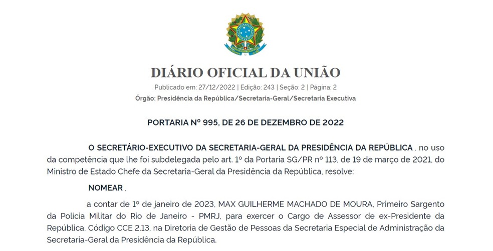 Nomeação de Guilherme para ser assessor especial de Jair Bolsonaro — Foto: Reprodução