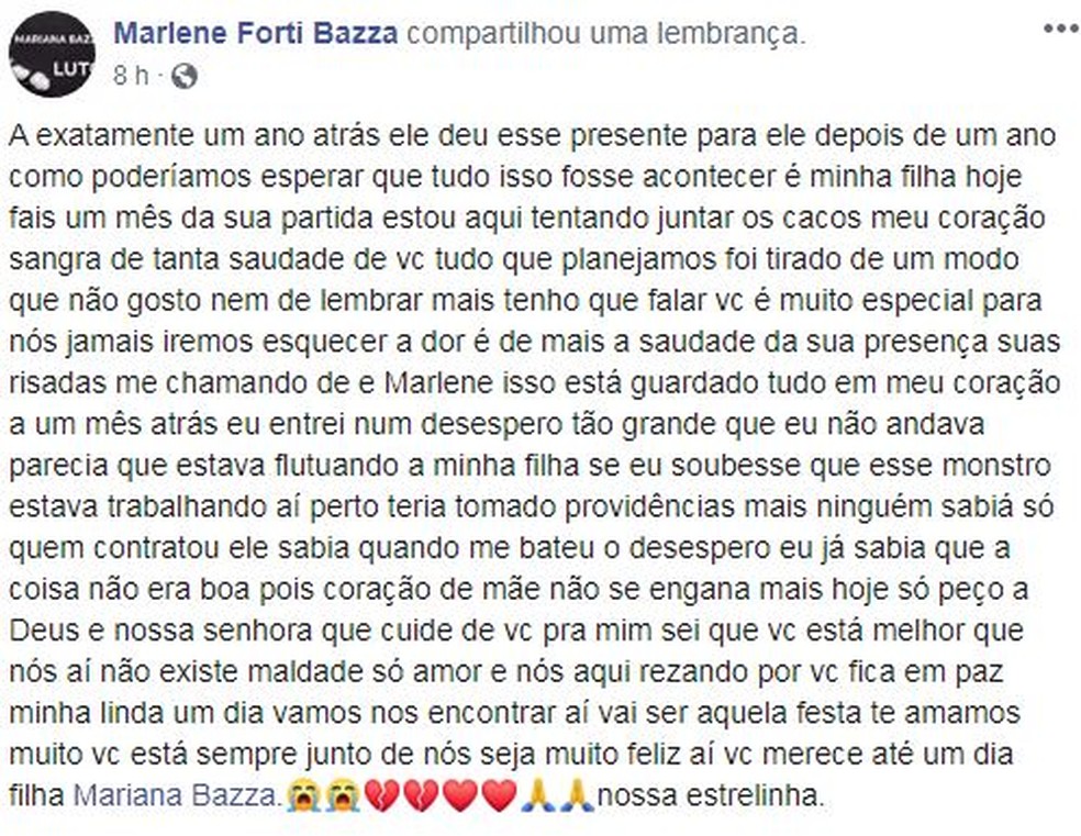 Mãe de Mariana Bazza fez desabafo na internet sobre morte da filha um mês após o encontro do corpo — Foto: Reprodução/Facebook