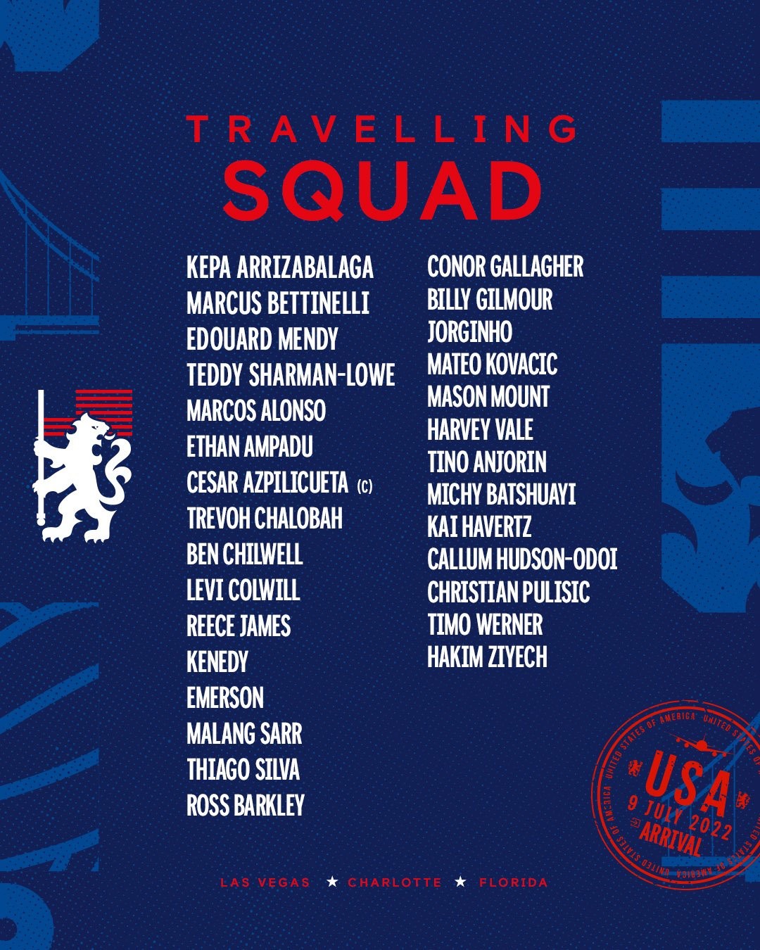 Nas redes sociais, o Chelsea divulgou os nomes escalados para a pré-temporada nos EUA, deixando de fora Kanté e Loftus-Cheek (Foto: Reprodução/Twitter)
