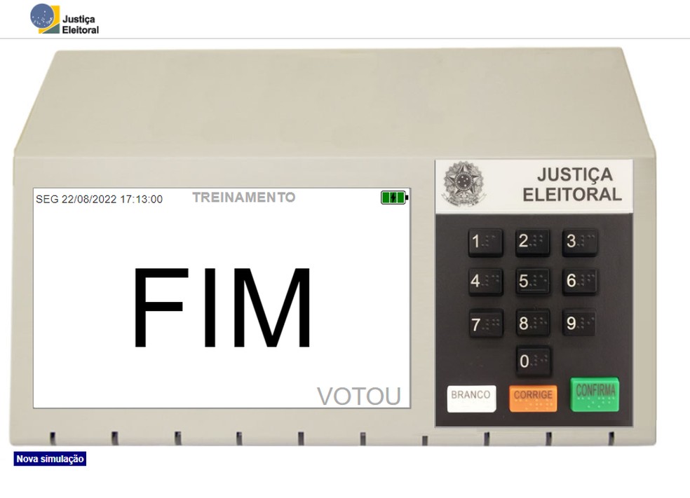 Site do TSE permite simular votação das Eleições até o final, emitindo som característico da urna eletrônica — Foto: Reprodução/Rodrigo Fernandes
