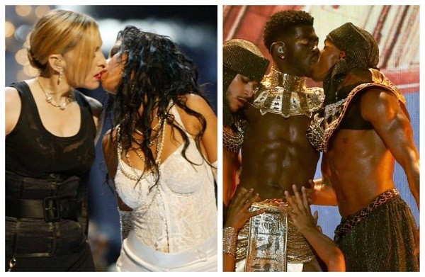 O beijo de Madonna em Christina Aguilera no VMA 2003 e o beijo de Lil Nas X em seu dançarino no BET Awards 2021 (Foto: Getty Images)