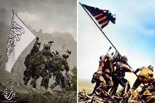 Talibã recriou foto histórica tirada por soldados dos Estados Unidos na Segunda Guerra Mundial (Foto: Divulgação/Getty Images)