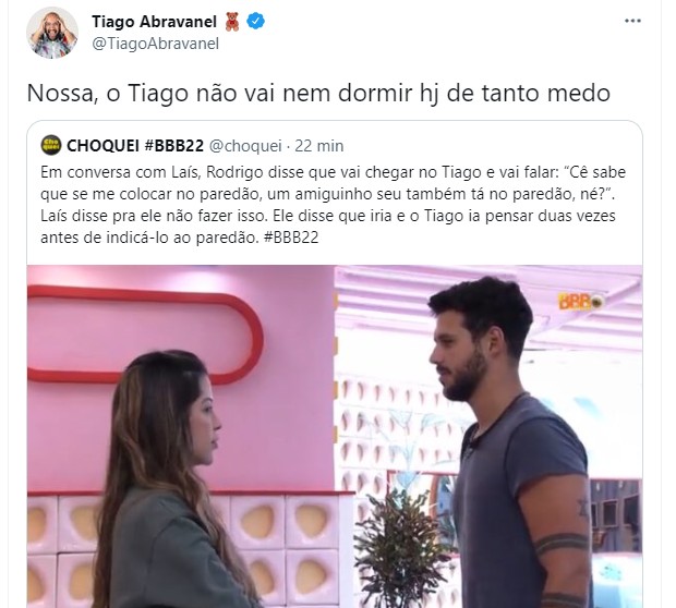 Adm de Tiago Abravanel ironiza fala de Rodrigo no BBB (Foto: Reprodução/Twitter)