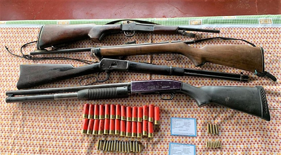 Armas apreendidas durante a operação Smurfing, contra tráfico de drogas e lavagem de dinheiro — Foto: PCPE/Divulgação