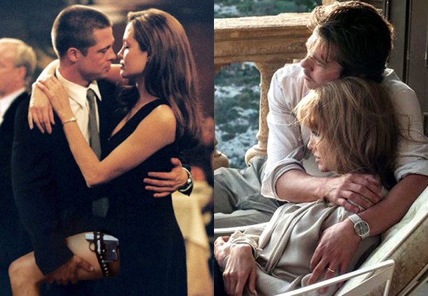 Angelina Jolie e Brad Pitt em 'Sr. e Sra. Smith' (2005) e 'À Beira Mar' (2015) (Foto: Reprodução)