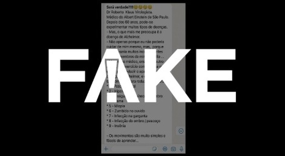 É #FAKE texto que diz que exercício com a língua previne Alzheimer — Foto: Reprodução