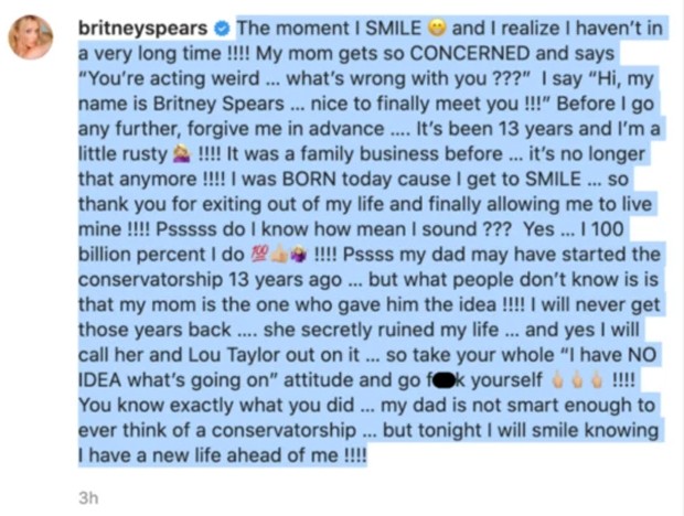 Britney Spears fez post detonando a mãe, Lynne, sobre seus anos de tutela (Foto: Reprodução / Instagram)