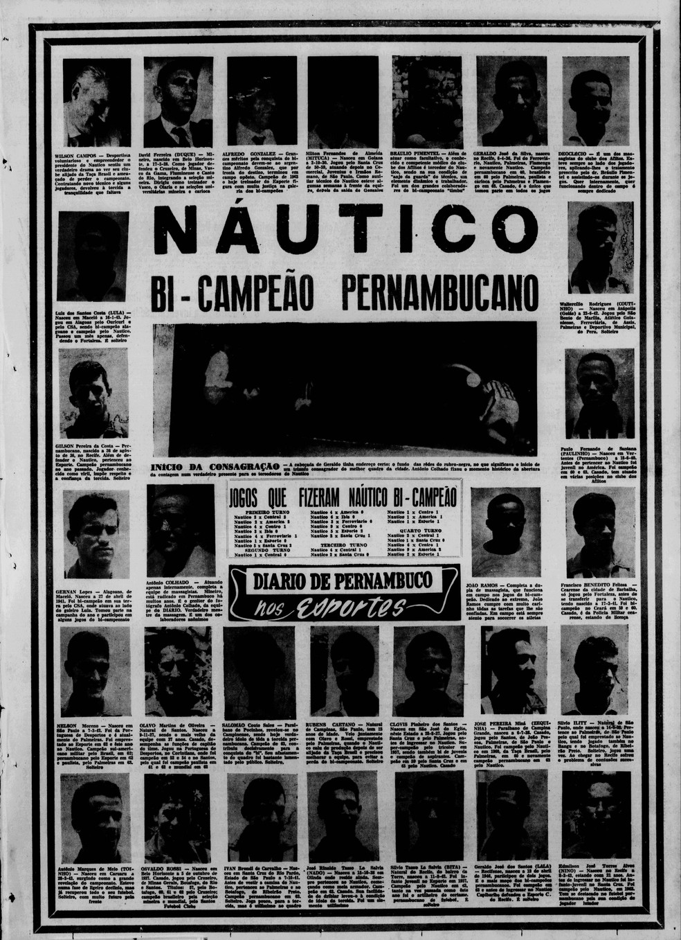 Página do Diario de Pernambuco sobre o bicampeonato do Náutico em 1964 — Foto: Reprodução