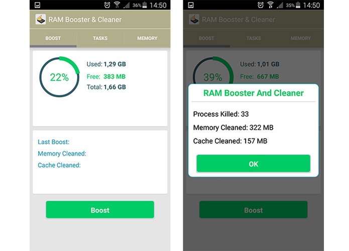 RAM Booster & Cleaner tem interface voltada para limpeza de RAM no celular (Foto: Reprodução/Barbara Mannara)