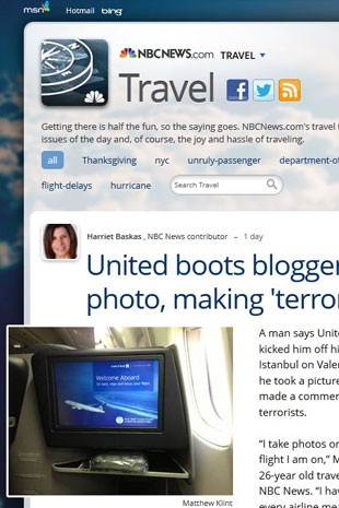 Frame de notícia sobre o blogueiro de viagens Matthew Klink, que foi expulso de um voo da United por ter tirado uma foto (Foto: Reprodução/NBCNews.com)