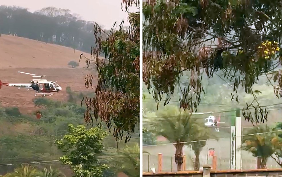Helicóptero da PM atua no combate a incêndio na zona Sul de Ribeirão Preto (SP) — Foto: Redes sociais/Reprodução