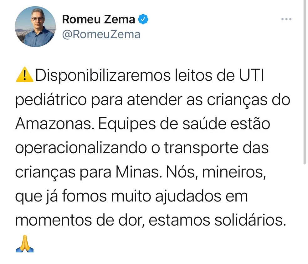 Anúncio do governador Romeu Zema nas redes sociais — Foto: Twitter/Reprodução