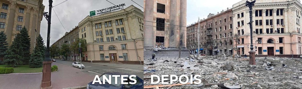 Explosão atinge prédio em Kharkiv; veja antes e depois — Foto: Google Street View / Ukrainian State Emergency Service