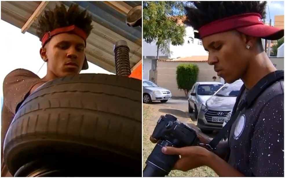 Adolescente Gabriel Souza, de 17 anos, de Cabreúva, trabalha em uma borracharia com o pai em Jundiaí (SP), mas gosta mesmo é de fotografia — Foto: TV TEM/Reprodução
