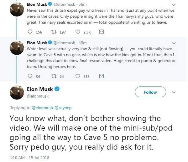 Tweets de Musk sobre mergulhador que ajudou em resgates na Tailândia (Foto: Reprodução/Twitter)