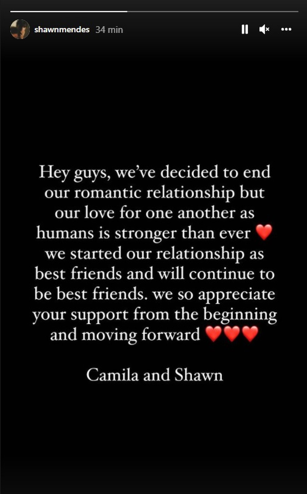 Shawn Mendes compartilha declaração sobre fim do namoro com Camila Cabello no Instagram — Foto: Reprodução/Instagram/shawnmendes