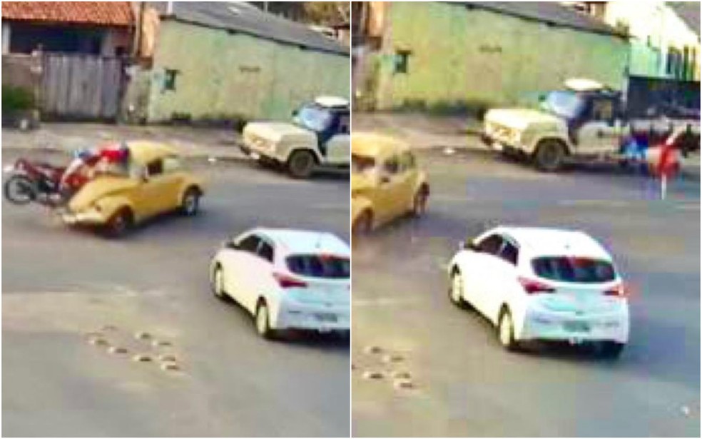 Motociclista foi arremessado após bater em Fusca, em São Miguel Arcanjo — Foto: Reprodução