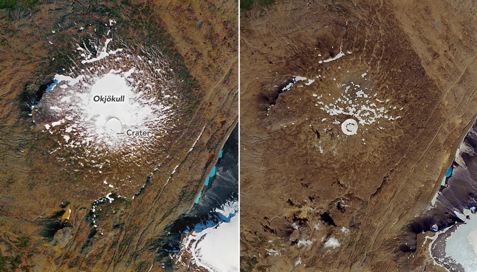 À esquerda, geleira Okjökull em setembro de 1986; À direita, em agosto de 2019 — Foto: Nasa