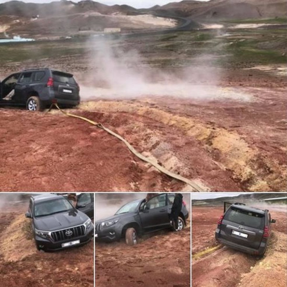 A polícia da Islândia disse que motorista teve problemas para dirigir no barro — Foto: NORTH-EAST ICELAND POLICE/Divulgação