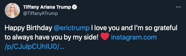 O tuíte de Tiffany Trump parabenizando o irmão Eric Trump enquanto o Capitólio era invandido por manifestantes incentivados pelo pai dos dois, o presidente norte-americano Donald Trump (Foto: Twitter)