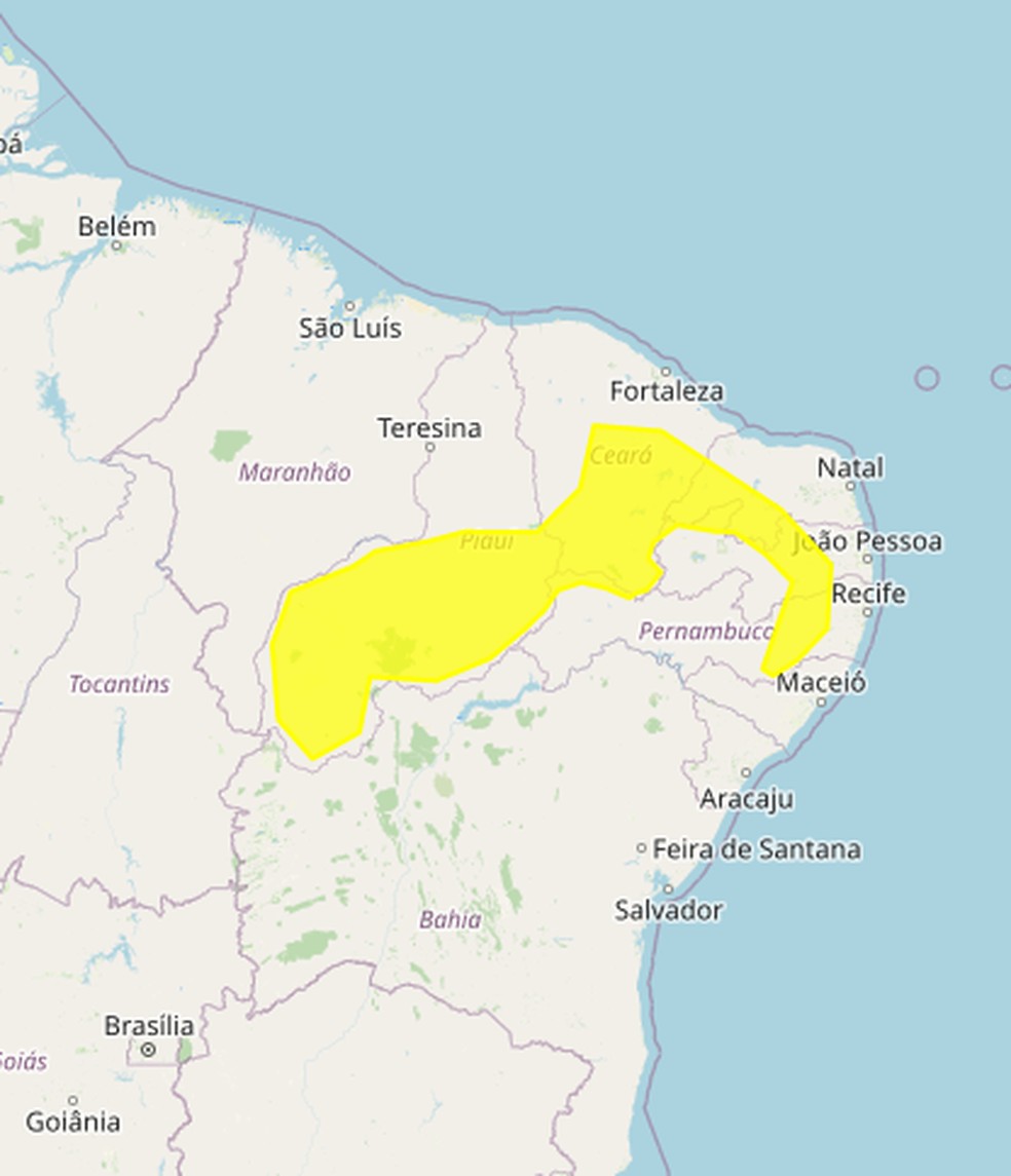 Inmet emitiu alerta amarelo para 87 cidades da Paraíba — Foto: Inmet/Reprodução