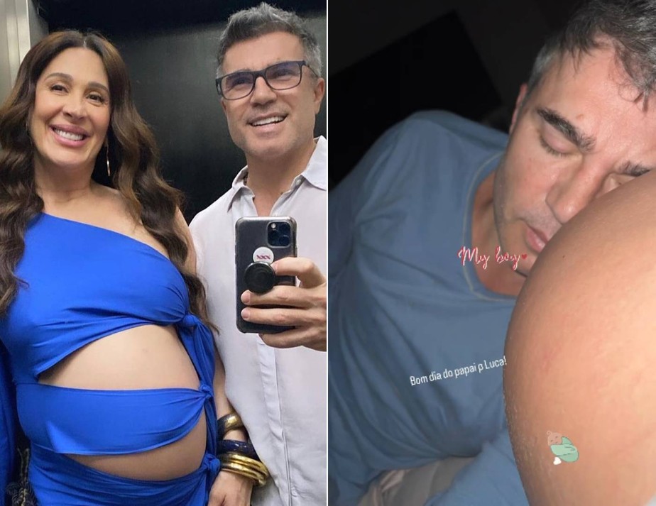 Claudia Raia mostra Jarbas Homem de Mello deitado em sua barriga de grávida