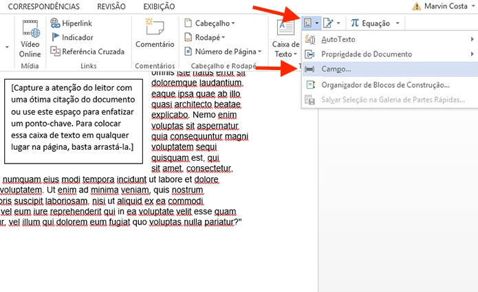Acessando as opções de campo do Microsoft Word (Foto: Reprodução/Marvin Costa)