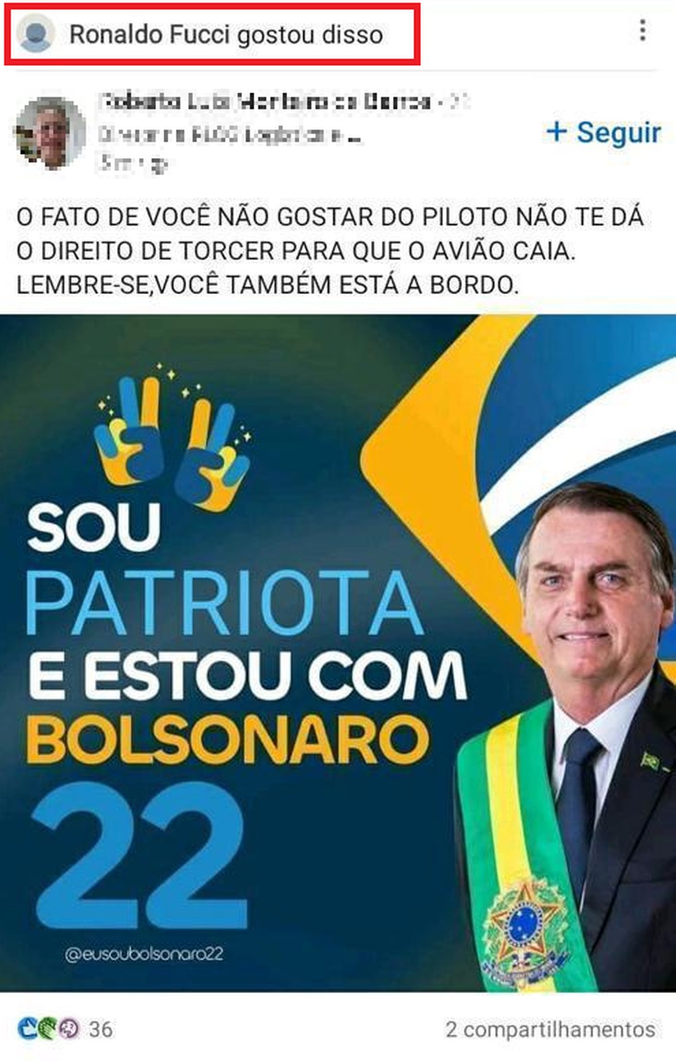 Em destaque, a 'curtida' de Ronaldo Fucci em post pró-Bolsonaro — Foto: Reprodução