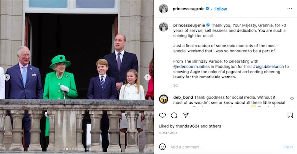 O post da Princesa Eugenie com a foto editada sem as presenças das duquesas Camila e Kate  (Foto: Instagram)
