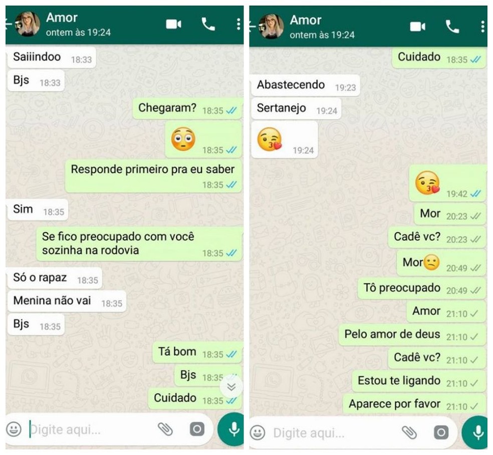 Em últimas conversas por WhatsApp com o namorado, Kelly disse que estava abastecendo veículo (Foto: Marcos Antônio da Silva/Reprodução/Arquivo pessoal)