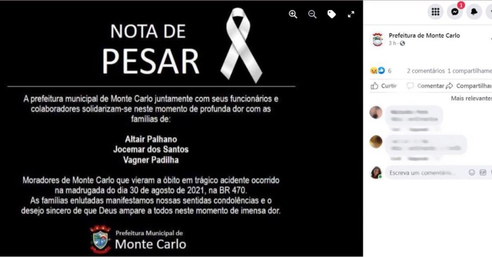 Nota de pesar da Prefeitura de Monte Carlo (SC) — Foto: Redes Sociais/Reprodução 
