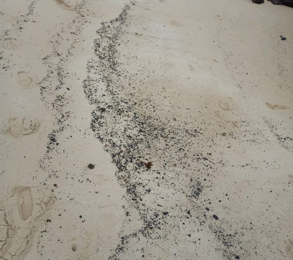 Fragmentos de óleo encontrados na manhã desta quinta-feira (30) em Tabatinga — Foto: Prefeitura de Nísia Floresta